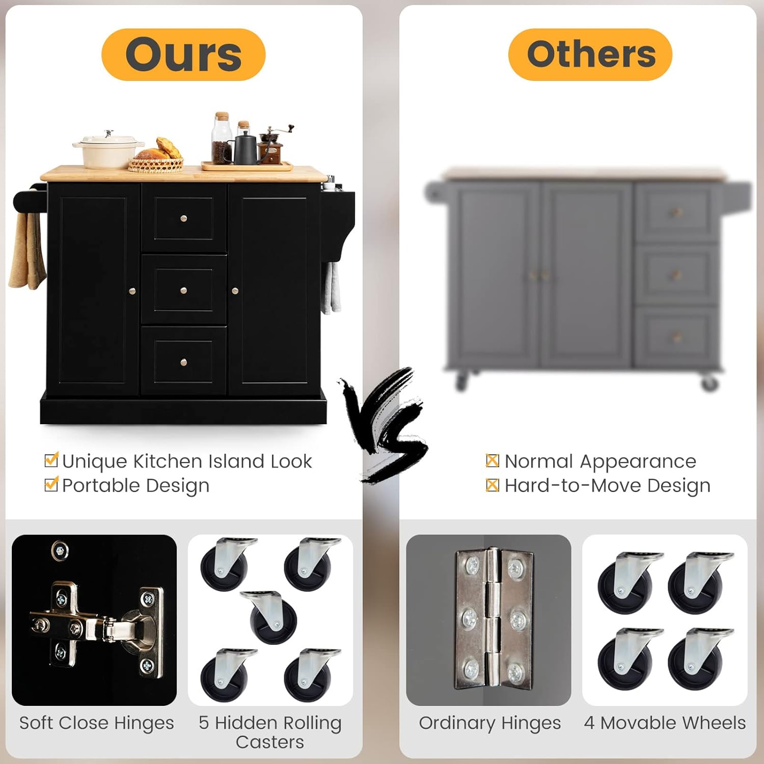 TANGZON Large Kitchen Island on Wheels, Rolling Storage Trolley with 2 Cabinets, 3 Drawers, Adjustable Shelves, Rubber Wood Worktop, Spice & Towel Rack, Utility Serving Cart for Dining Room (Black)