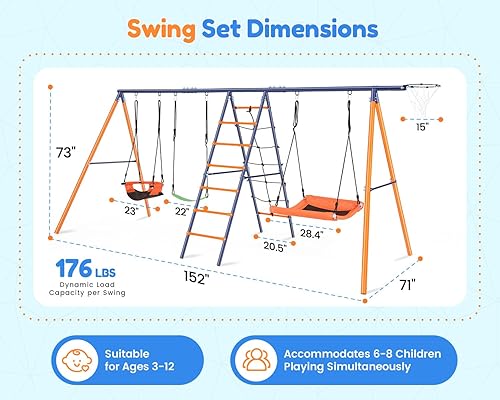 Miniatura 6 de Juego de columpios para patio trasero, juego de columpios 6 en 1 para exteriores para niños de 3 a 12 años, 700 libras de metal resistente, juego de