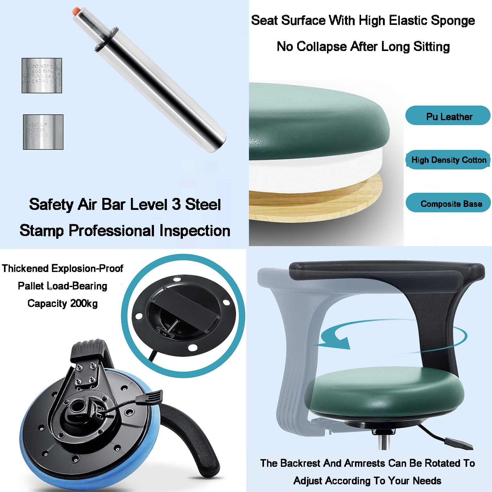 Sgabello da sella con supporto posteriore e ruote, sedia girevole regolabile per salone, spa, massaggi, tatuaggi, design ergonomico per comfort e mobilità