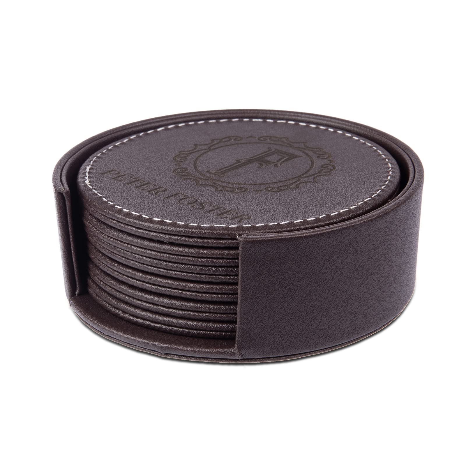 Personalized Coasters for Drinks 5 Pack Leather Coasters with Holder Custom Name Cup Coasters for Kitchen Coffee Table Housewarming (Brown)