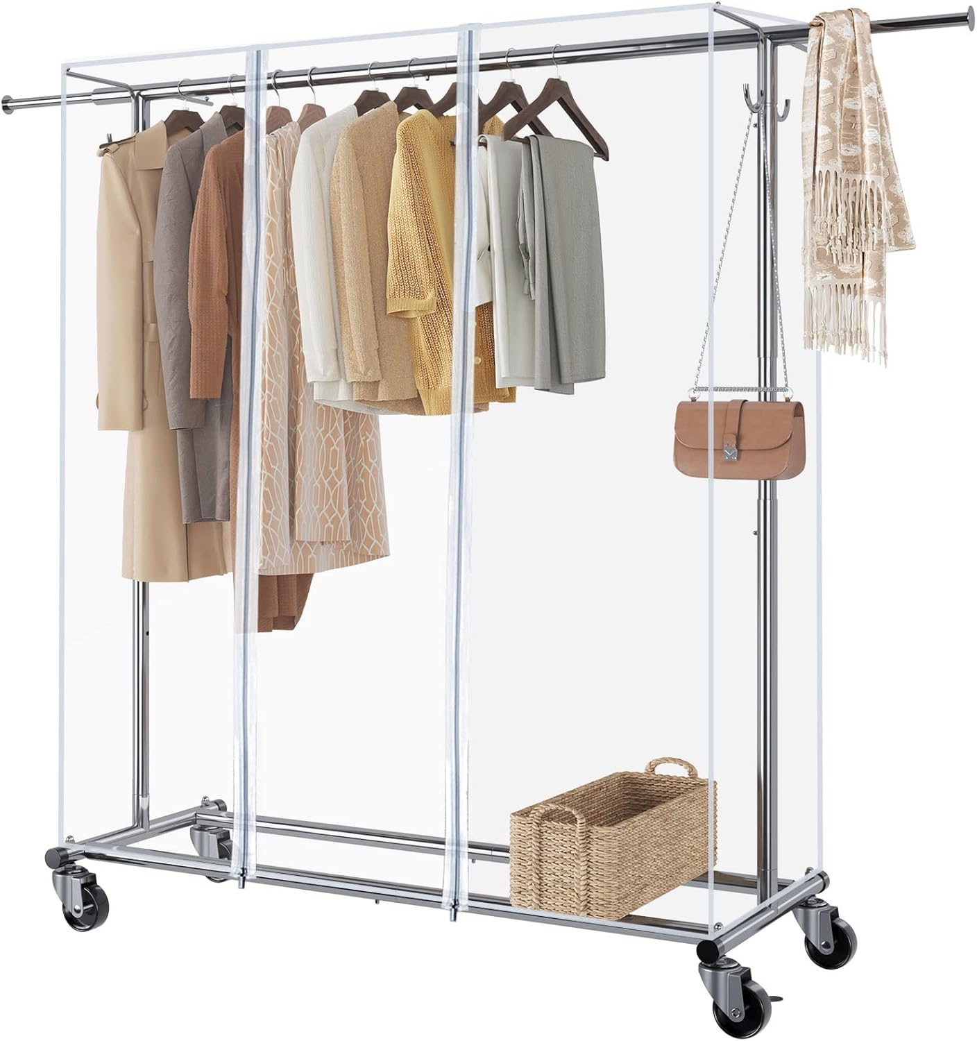 GREENSTELL Clothes Rack with Cover, Adjustable Garment Rack with Wheels, Heavy Duty Clothing Rack with Extendable Hanging Rail and Two Hooks, Commercial Grade Rolling Clothing Coat Rack (67x66x21 in) 67x66x21 inches