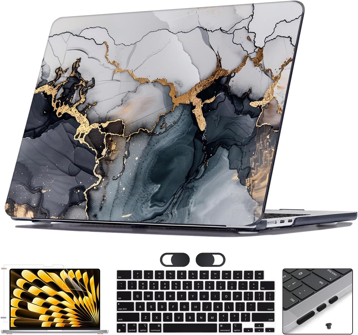 Compatible with M4 MacBook Air 15 Inch Case 2025 2024 2023 Model A3241 A3114 A2941 M3 M2, Pattern Plastic Hard Shell Case Keyboard Cover Screen Film for Mac Air 15.3 Inch M5 2026, Black Marble