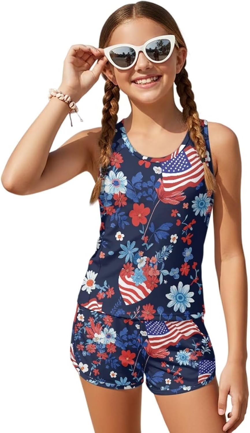 Wanyint Girls Tankini Swimsuit 2 Piece for Kids Ages 6-15 Bathing Suits with Removable Pads Crewneck Tank Top and Swim Shorts