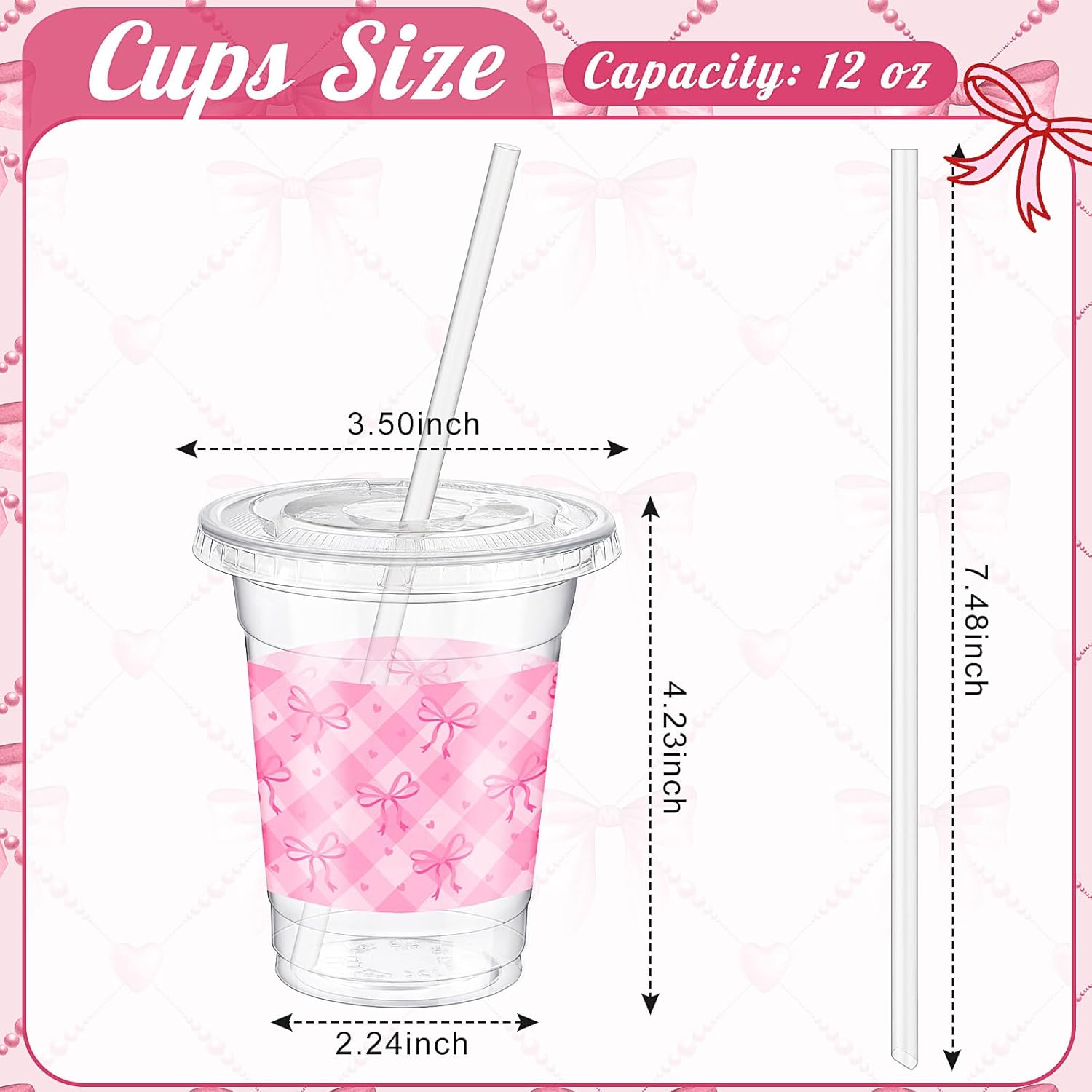 48 Sets Valentine Bow Cups Bulk, 12 oz Coquette Plastic Cups with Lids and Straws Disposable Bow Theme Party Decoration for Valentine Bridal Bachelorette Wedding Party Supplies (Pink) - Image 3