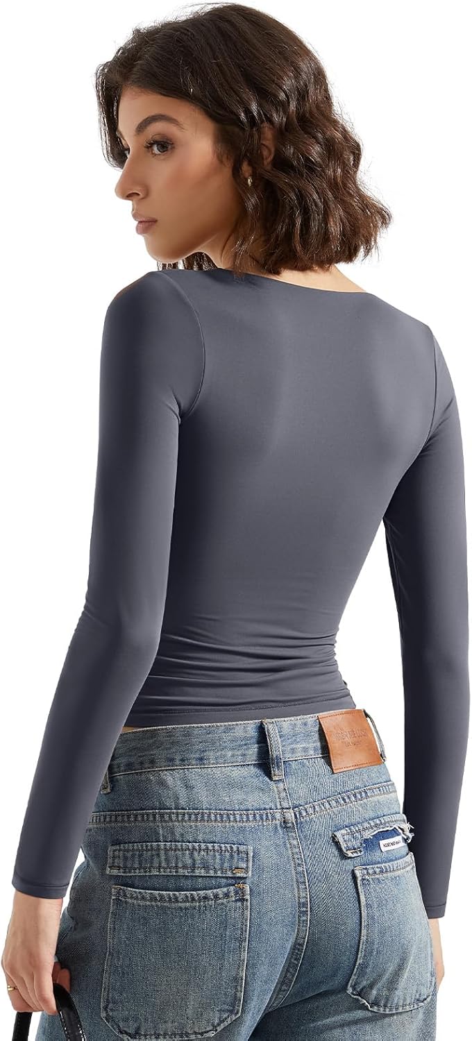 SUUKSESS Women Double Lined Casual V Neck Crop Tank Tops Basic Long Sleeve Shirts - Image 4