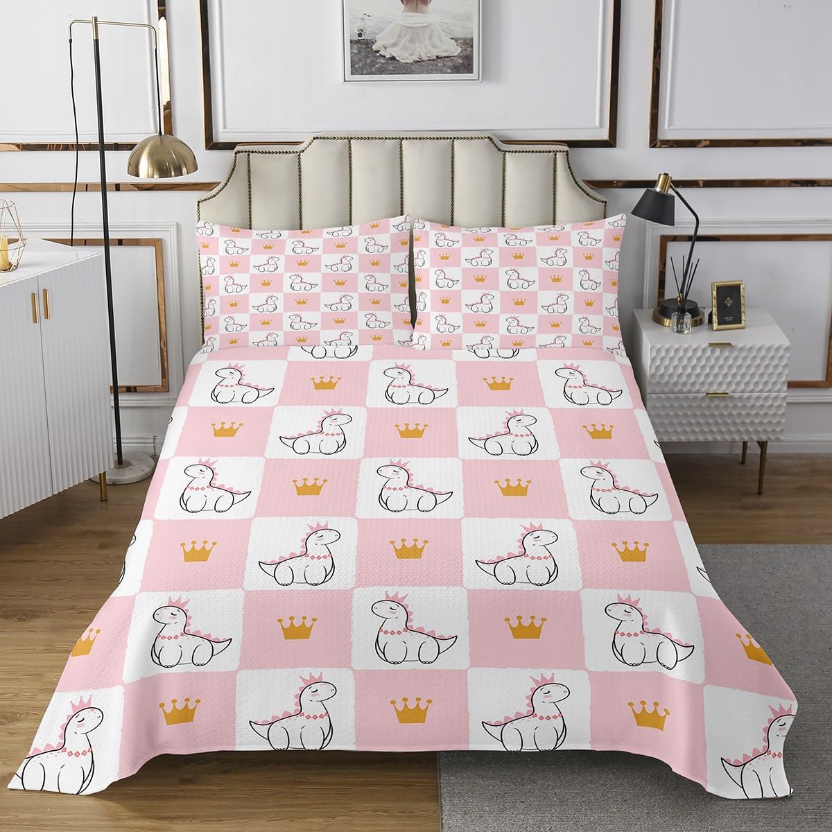 Castle Fairy Queen Princess Girly Crown Queen Size Dinosaur Wildlife Animal Quilted 3 Pieces Coverlet Set with 2 Pillowcases Pink White Grid Geometry Bedding Quilt for Room Decor