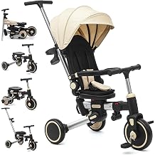 XJD 9-in-1 Foldable Tricycle Stroller for Toddler 1-5 Years Old, Balance Bike, with 360 Rotating Seat, 135 Recline, Adjustable Push Handle, UV50+ Canopy, Aluminum Frame, Gift for Boys & GirlsBeige