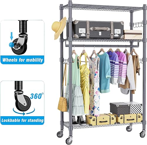 Miniatura 3 de Homdox Perchero de ropa con ruedas de grado comercial, estante de almacenamiento de ropa de 2 niveles con estantes de alambre ajustables, armarios