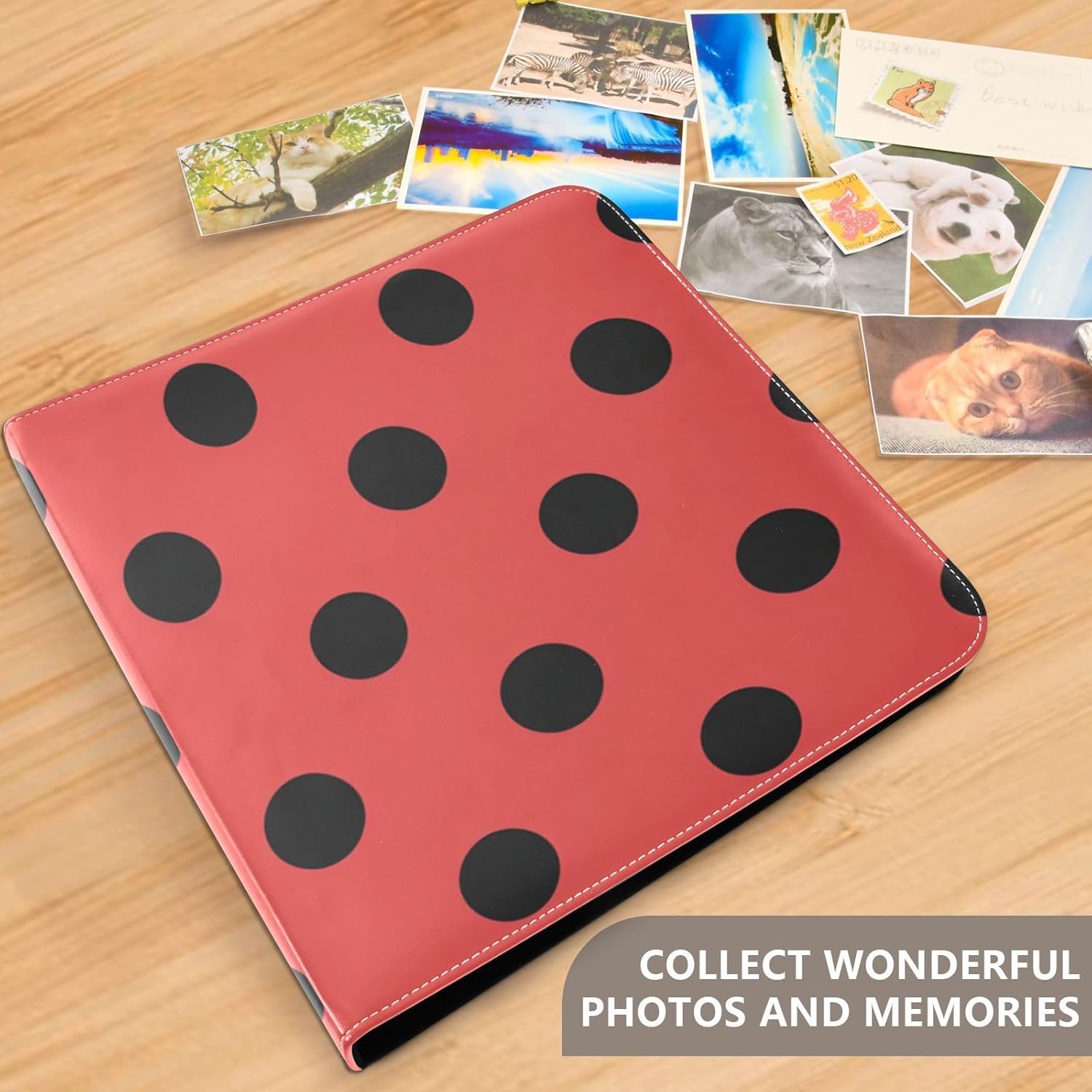 JIPONI Black Dots Ladybugs Large Photo Album, DIY Leather Cover Scrapbook Albums for 4x6 5x7 6x8 Pictures, Self Adhesive Memory Book for Wedding, Baby, Family