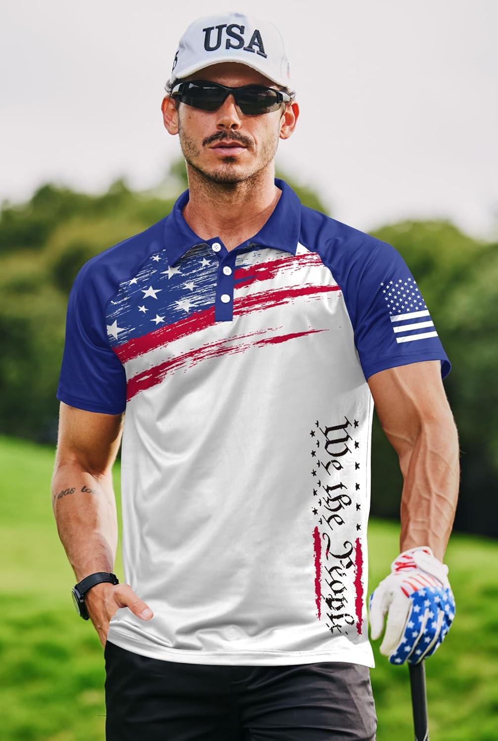 Mainfini Men's Short Sleeve Golf Shirts UPF 50+ Raglan Patriotic American Graphic Polo Shirt (S-3XL)