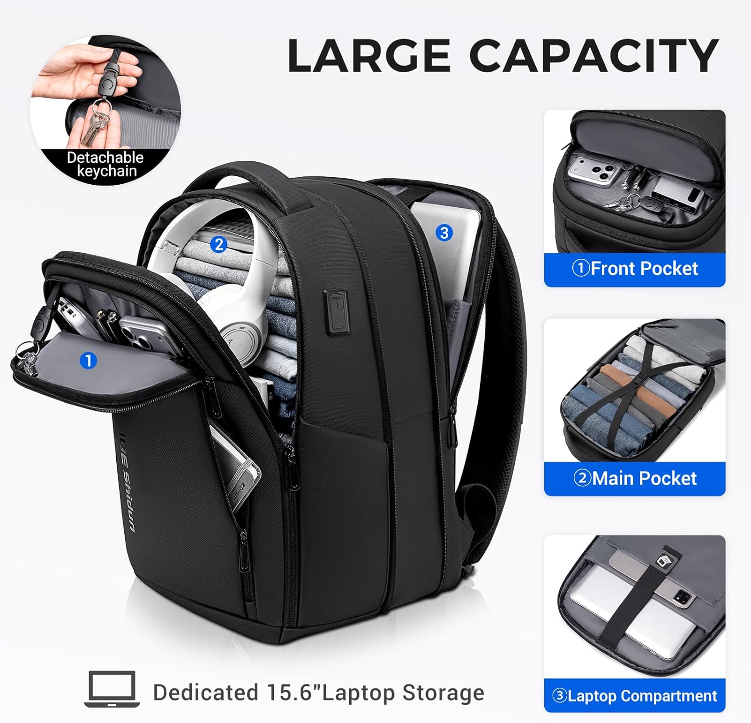 Expandable Laptop Backpack for Men, 15.6 Inch Large Travel Backpack TSA Approved, Flight Approved Business Weekender Bag, Water Resistant Work Backpack with USB Port, Black