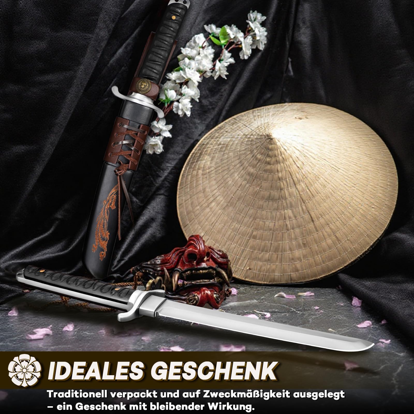 Japaknives Outdoor Messer Survival Tanto Messer Japan D2 Stahl Machete Scharf Echt 5mm Dick Feststehende Klinge mit Phoenix Gravierte Scheide Campingmesser Sammlung Geschenk für Männer