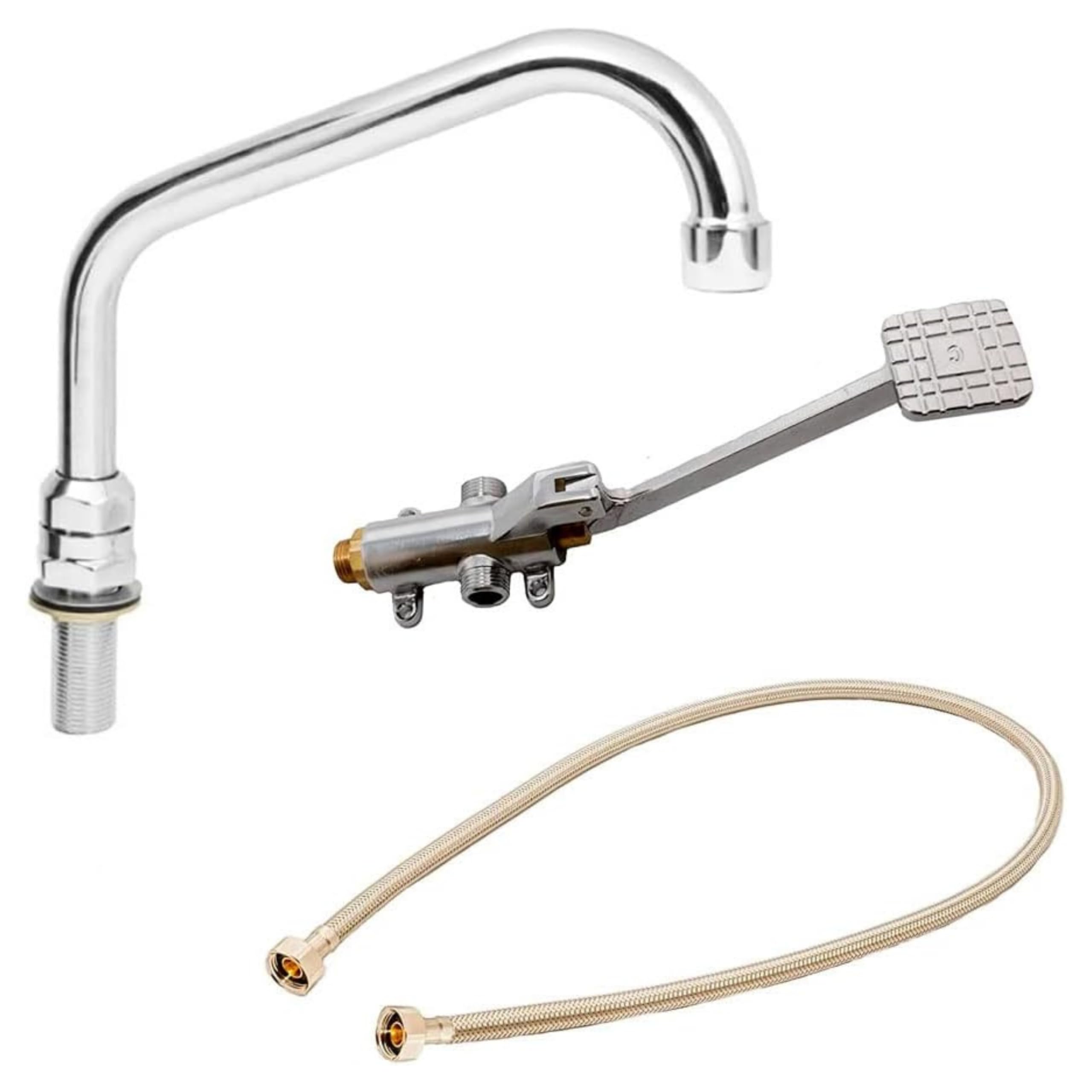 Set de Grifo Pedal Mezclador de Pie Pulsador para Fregaderos Industriales de Hostelería, Caño Tubo Medio Vertical Giratorio - Grifo Agua Fría, Grifo De Pedal, Latiguillo Grifo Cocina