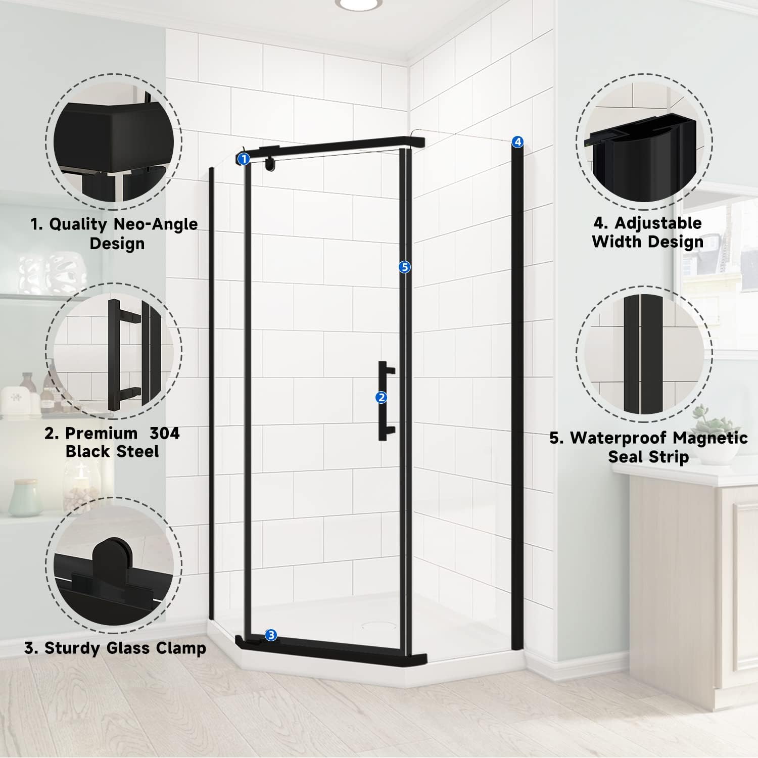 Buy SUNNY Shower Door 36.7 in. x 71.8 in. Frameless NeoAngle Pivot Shower Doors in Black Finish