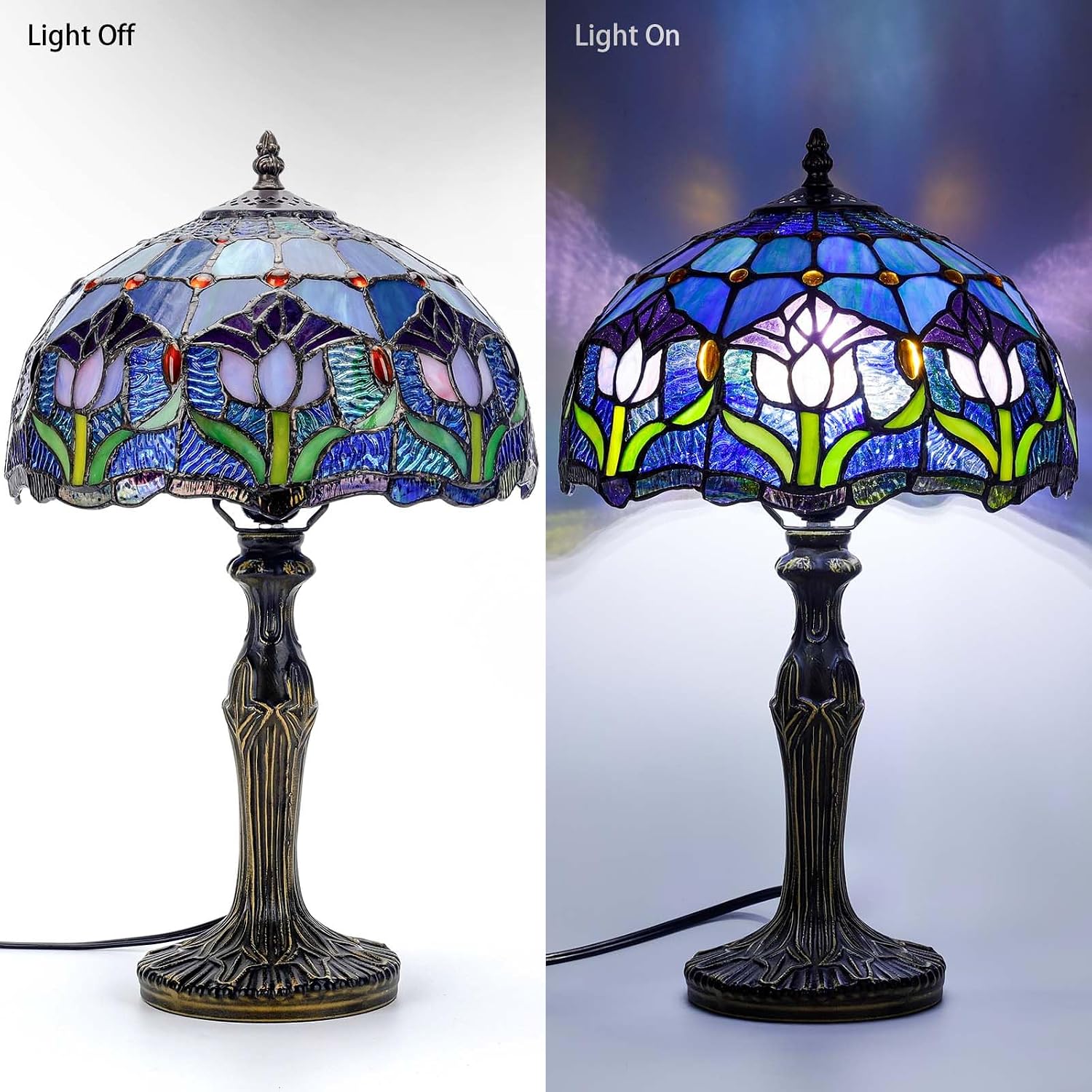 Stained Glass Table Lamp, Purple Tulip Flower Style Lampshade Reading Light 12X12X22 Inches, Adjustable 3 Color Temperature Decor for Bedroom Living Room
