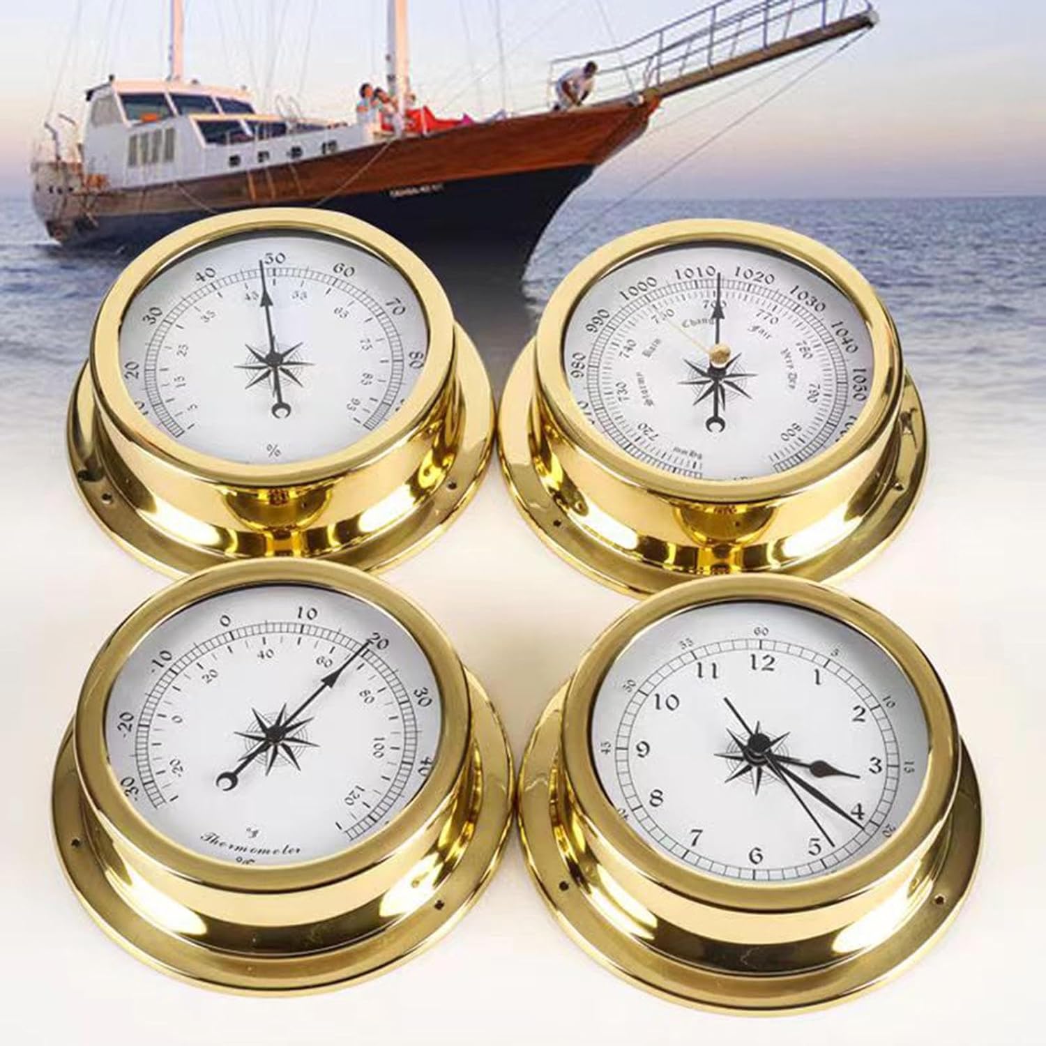 Barometer Thermometer Hygrometer Clock Set, 4 pcs Analog Weather Station Set, Gold