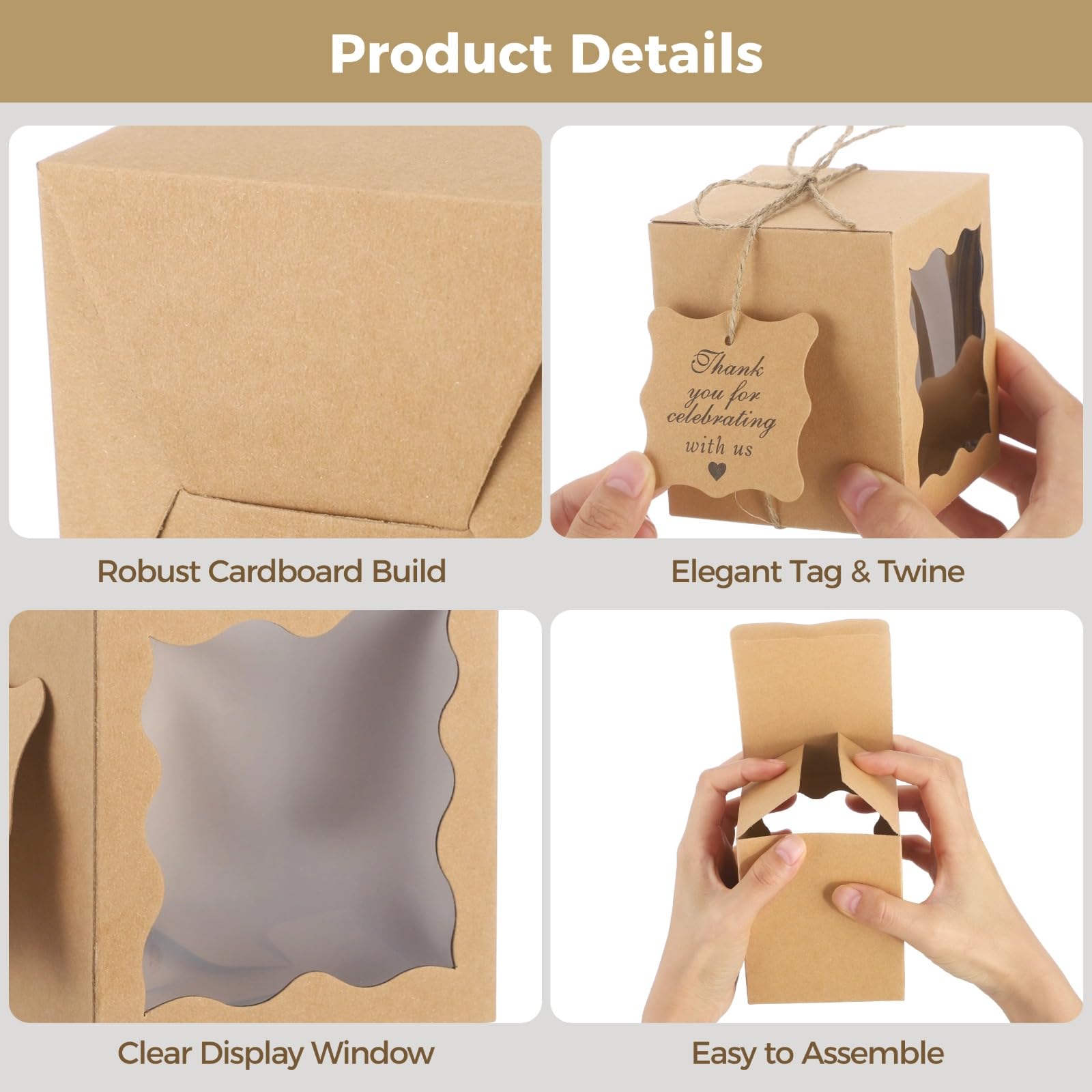 50er-Set Kerzen-Geschenkboxen, Papier-Geschenkverpackungsboxen mit transparentem Fenster, Dankeschön-Anhängern und Juteschnur, ideal für Hochzeiten, Partys, Brautpartys, Khaki