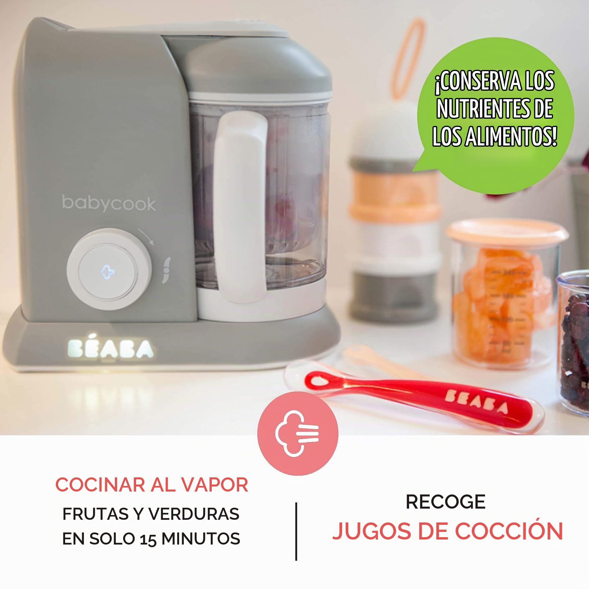 BÉABA Babycook Solo, Robot de cocina infantil 4 en 1, Tritura, Color Gris, 1 Unidad (Paquete de 1) & Lote de 12 Tarros de Conservación y 2 Cucharas de aprendizaje en Silicona, Verde (Eucalyptus)