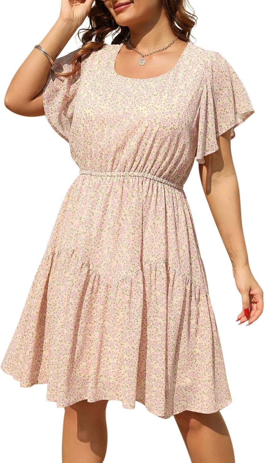 Nemidor Plus Size Summer Dresses for Curvy Women Casual Boho Midi Chiffon Print Floral Dress with Ruffle Sleeve 14-26