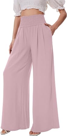 FUNYYZO Palazzo Pants for Women Summer Pull On Flowy Beach Trousers 2026 | Full elastic waist wide leg pants, skirt-like flowy fit, no slipping for elegant summer looks