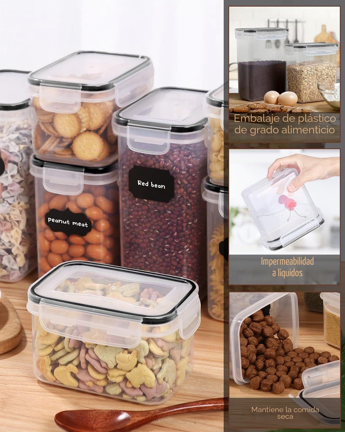 heuchaey Juego de 24 tarros con tapa, caja de almacenamiento de cocina de plástico con pegatinas, pincel y cuchara, recipientes para cereales, harina, pasta, sin BPA