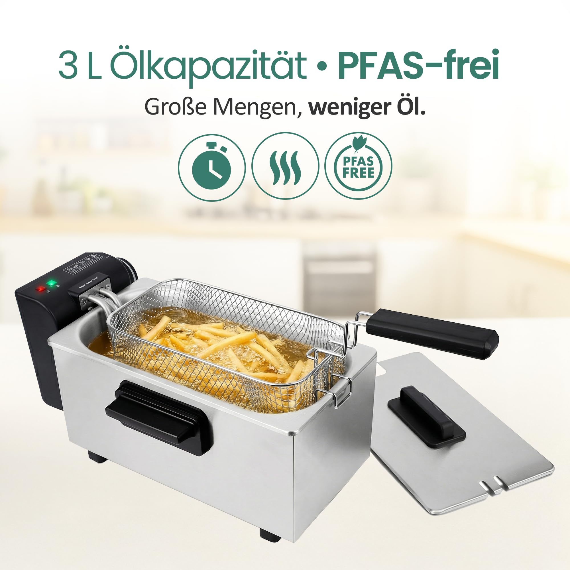 EMERIO Friggitrice ad olio da 3,0 l con tecnologia a zone fredde, niente più sapore amaro, friggitrice con zona fredda da 2000 W, serbatoio in acciaio inox, senza PFAS, facile da pulire, termostato