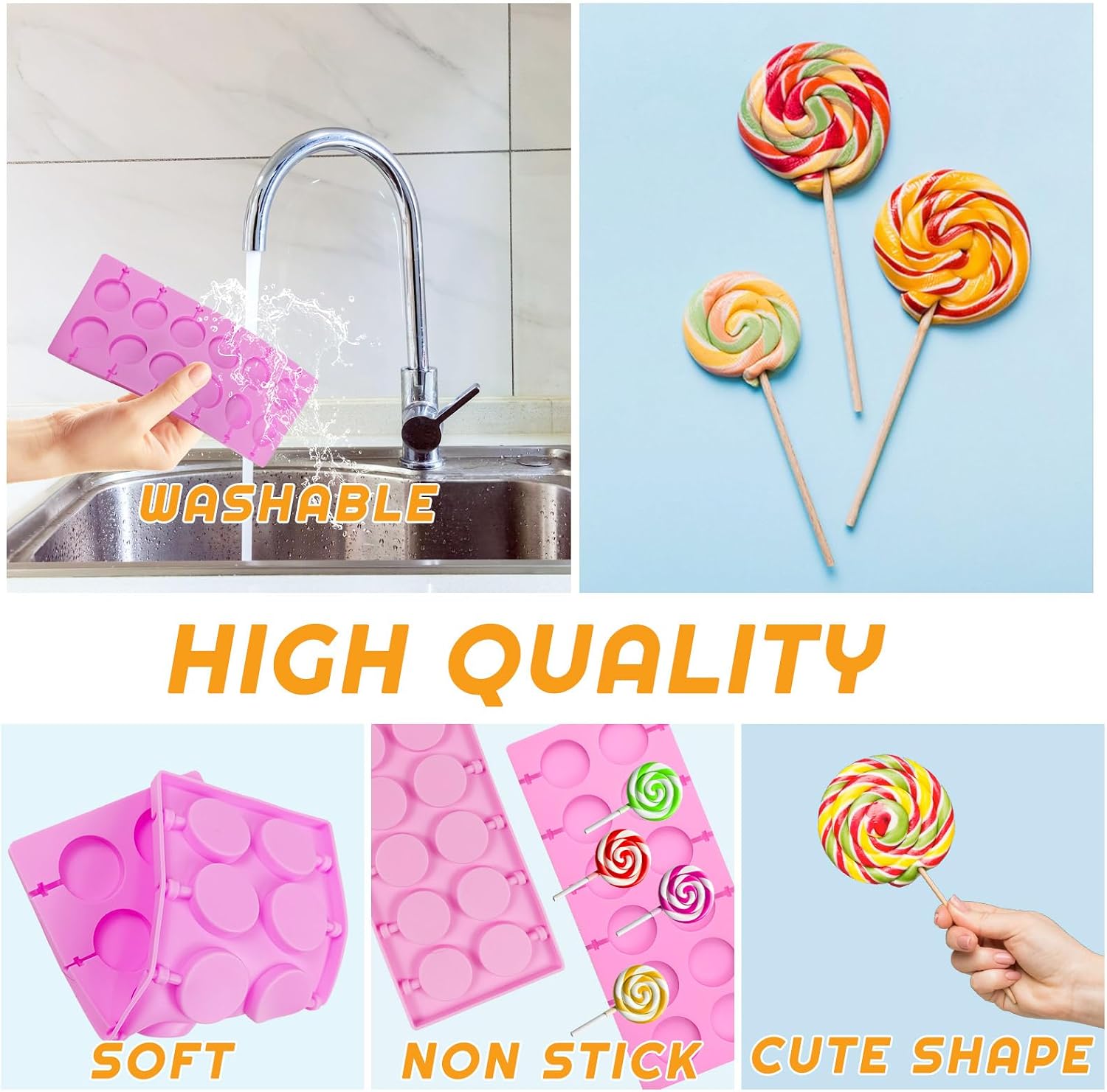 4PCS Silicone Lollipop Mold, Cute Shape Fondant Mold for Making Chocolate, Candy, Cookie With Sticks - Great for Hard Candy