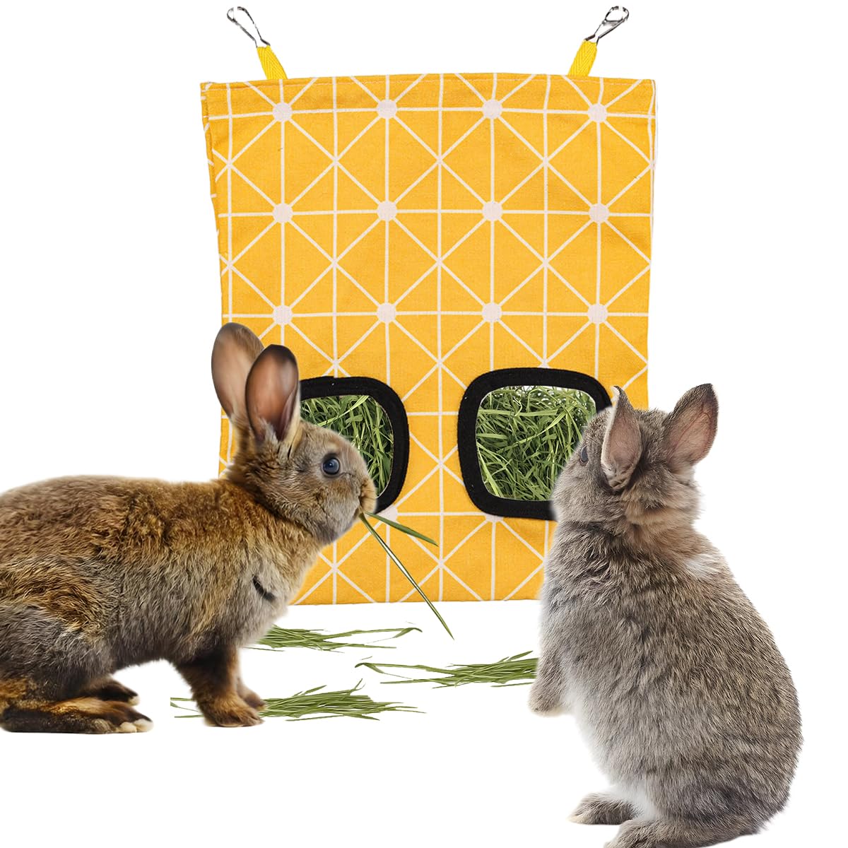 Rabbit Hay Feeder, Guinea Pig Hay Holder & Bunny Hay Feeder – Durable Hanging Hay Bag for Rabbits Chinchillas Guinea Pigs Bunnies – Chew-Resistant Hay Holder for Small Animals (Chessboard)