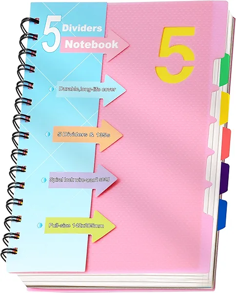 CAGIE 5 Subject Notebook College Ruled, Small Spiral Notebook with Removable Divider Tabs, Lined Spiral Notebook for Women, 220 Pages A5 Spiral Notebooks for School Note Taking, Pink