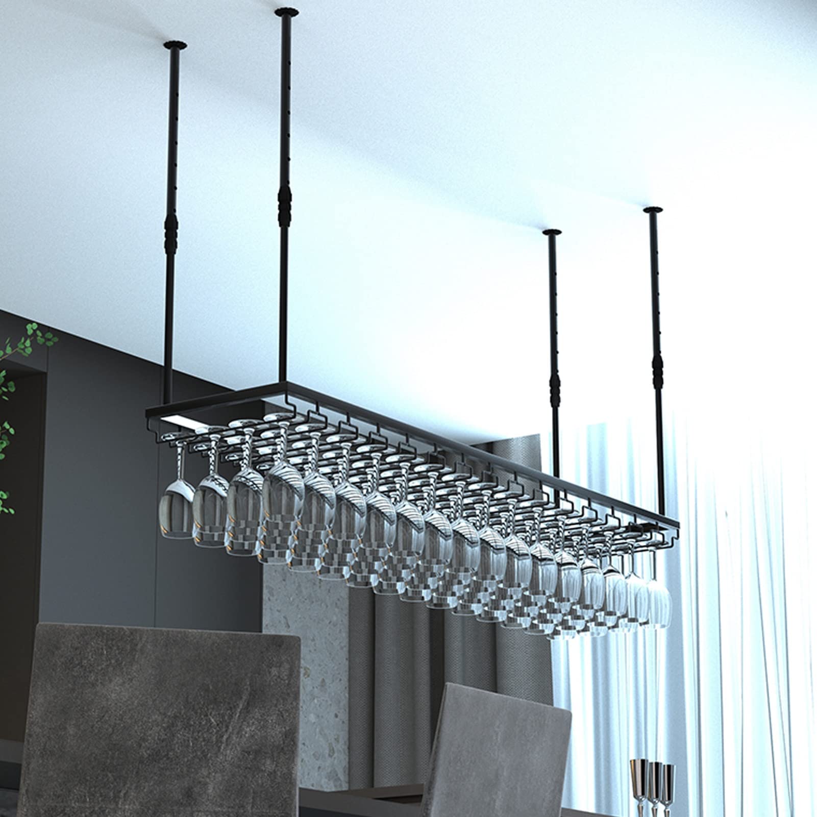 Support à verres à vin suspendu noir 80x25cm pour bar et cuisine industrielle