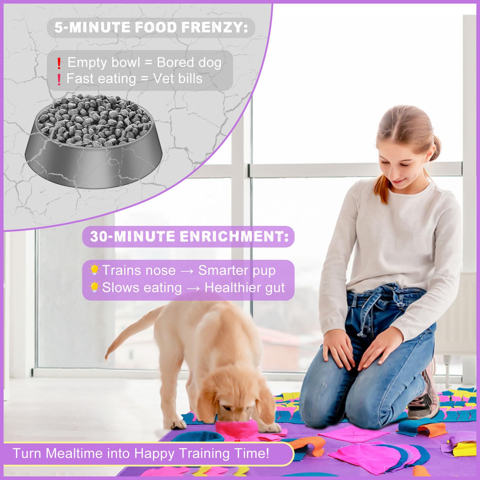 PJDH 35”x35” Snuffle Mat for Dogs, 3-in-1 Slow Feeder Mat with Anxiety Relief & IQ Training, Extra Large Felt Foraging Mat for Fast Eaters/Hyperactive Dogs/Puppies, Brain Stimulation Toy