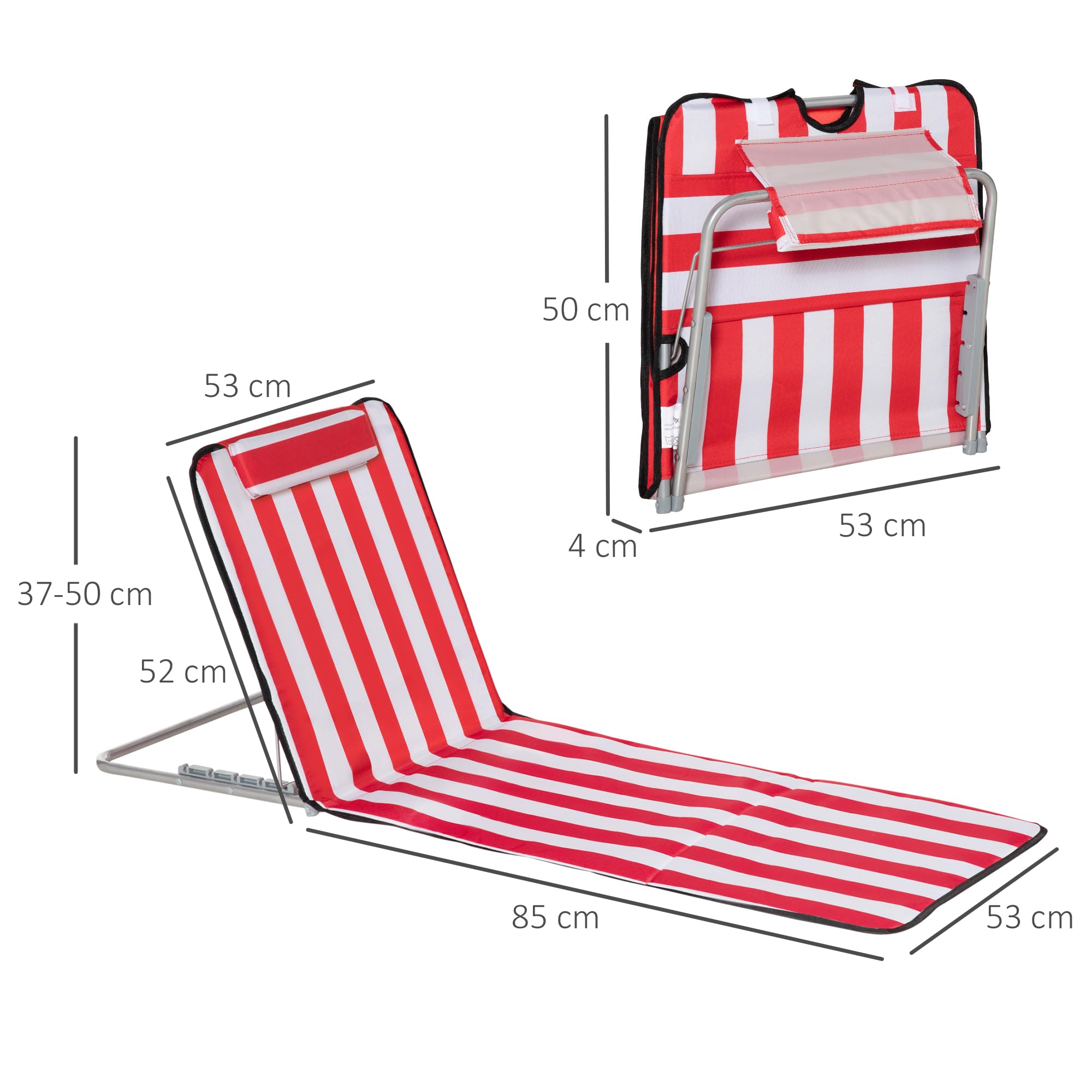 Outsunny Chaise Lounge de plage pliante Set de 2 Rouge et Blanc | Tapis de plage au sol, dossier réglable, cadre en acier, oreiller de tête, sac de transport, pour jardin, bord de lac