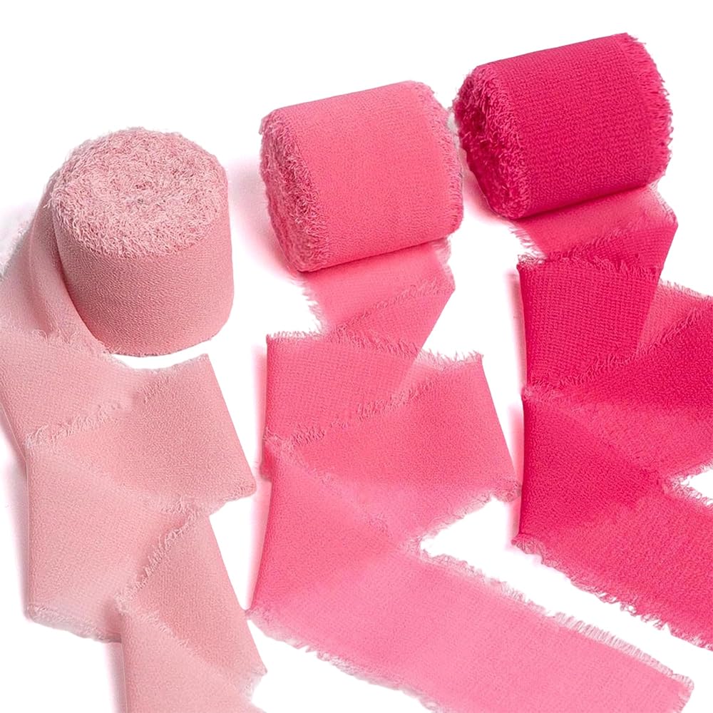 3 Rolls Chiffon Silk Ribbons – 1.5" x21Yd Frayed Edge Hot Pink & Pastel Pink Fabric Ribbons for Gift Wrapping, Wedding Decor, Floral Arrangements, and DIY Crafts