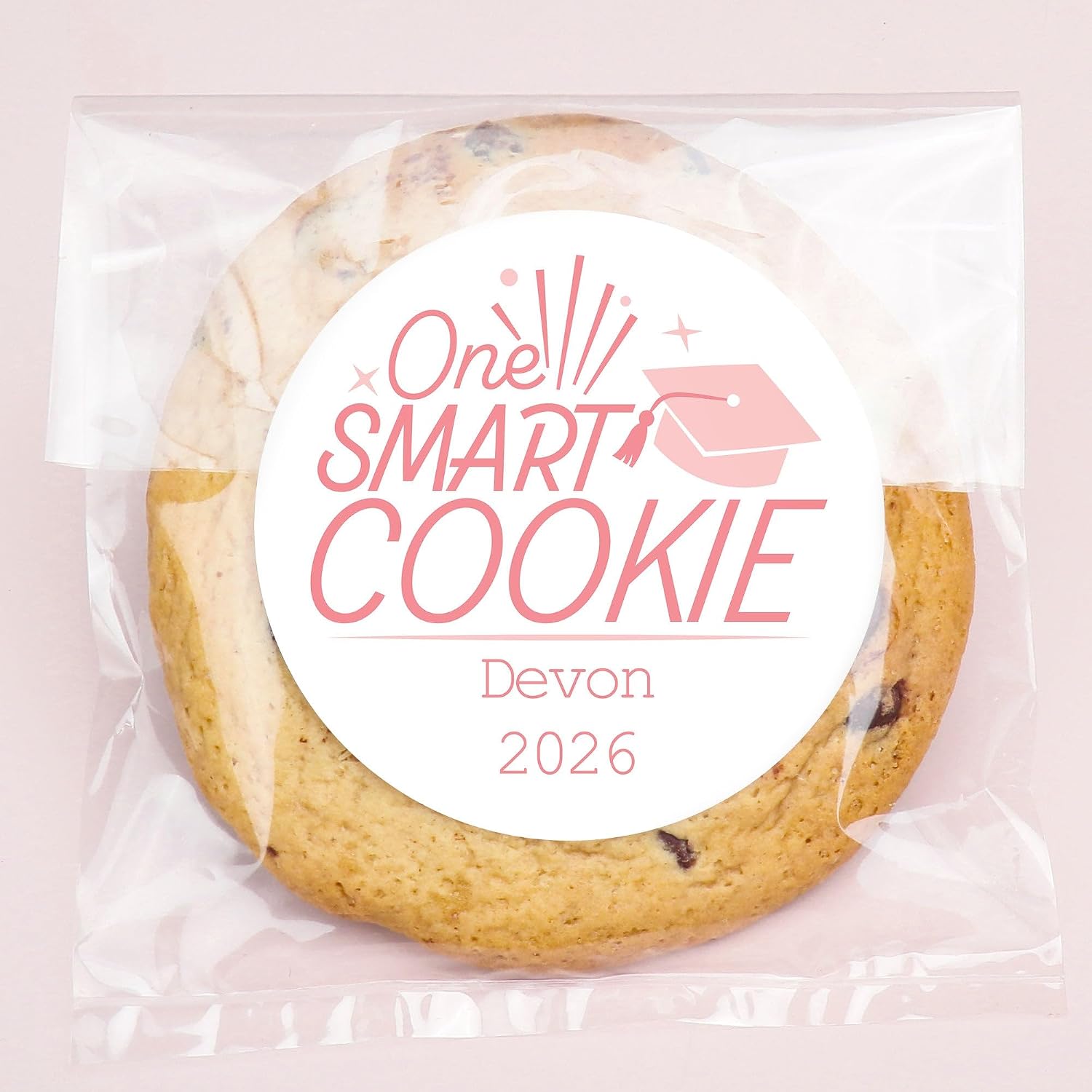 Big Dot of Happiness Personalized Pink Grad One Smart Cookie Stickers and Clear Cookie Bags, Cellophane Treat Bags 4.25x7 Inches, Custom Graduation Party Favor Gifts Candy or Baked Goods - 100 Count
