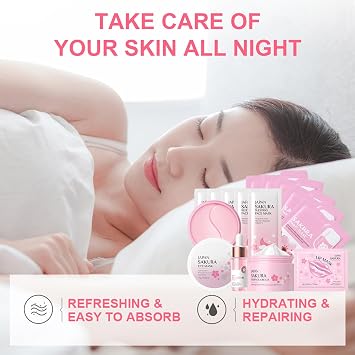 Skin Care Sets & Kits, Cherry Blossom Skincare Set Skin Care for Teenage Girls, Pamper Sets for Women Skincare Sets with Face Cream,Face Serum,Lip Mask,Sleep Mask,Eye Mask,Mud Mask