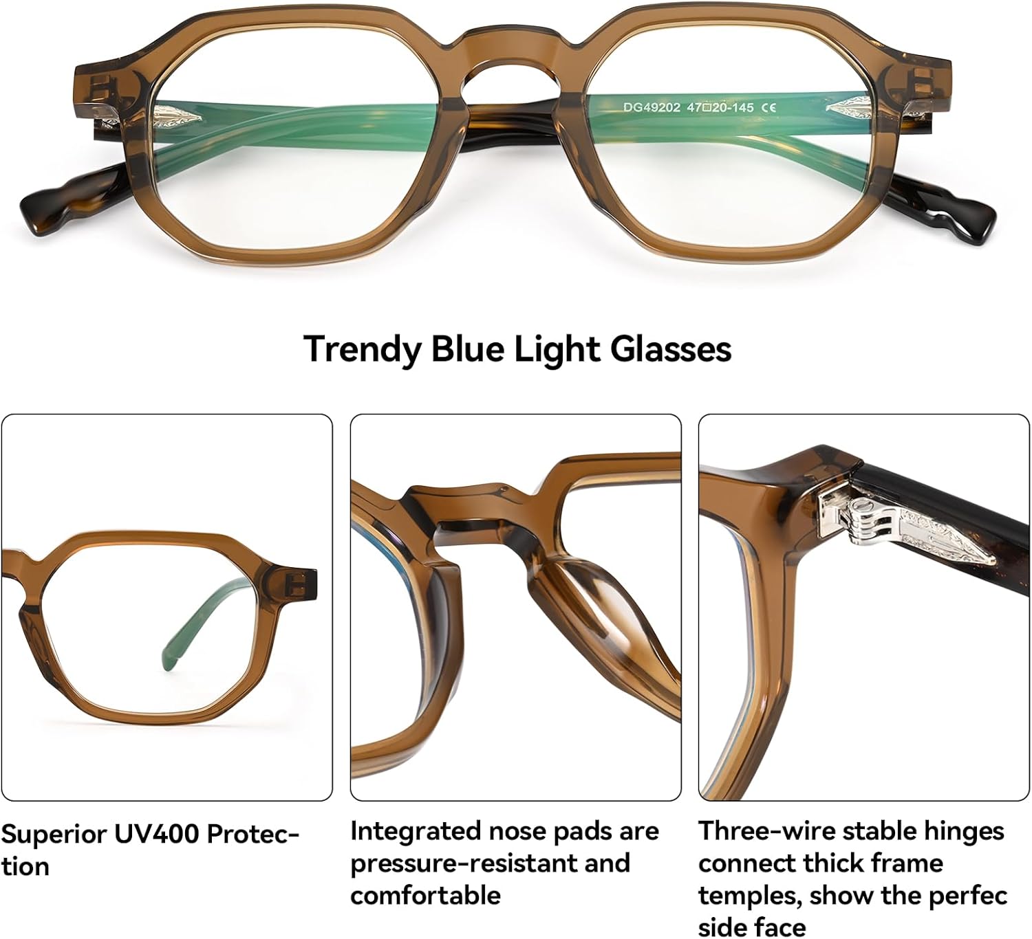 Dollger Blue Light Blocking Glasses for Women Men - Retro Square Computer Glasses, Acetate Frame for Screen Use, Gaming