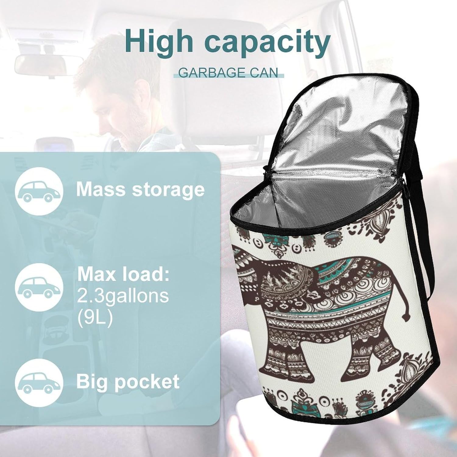 Car Garbage Storage Bag Bohemian Elephant Pattern Printed Hanging Vehicle Trash Bin Car Trash Can with Zipper Lid Portable Garbage Storage Bags for Truck Van and SUV