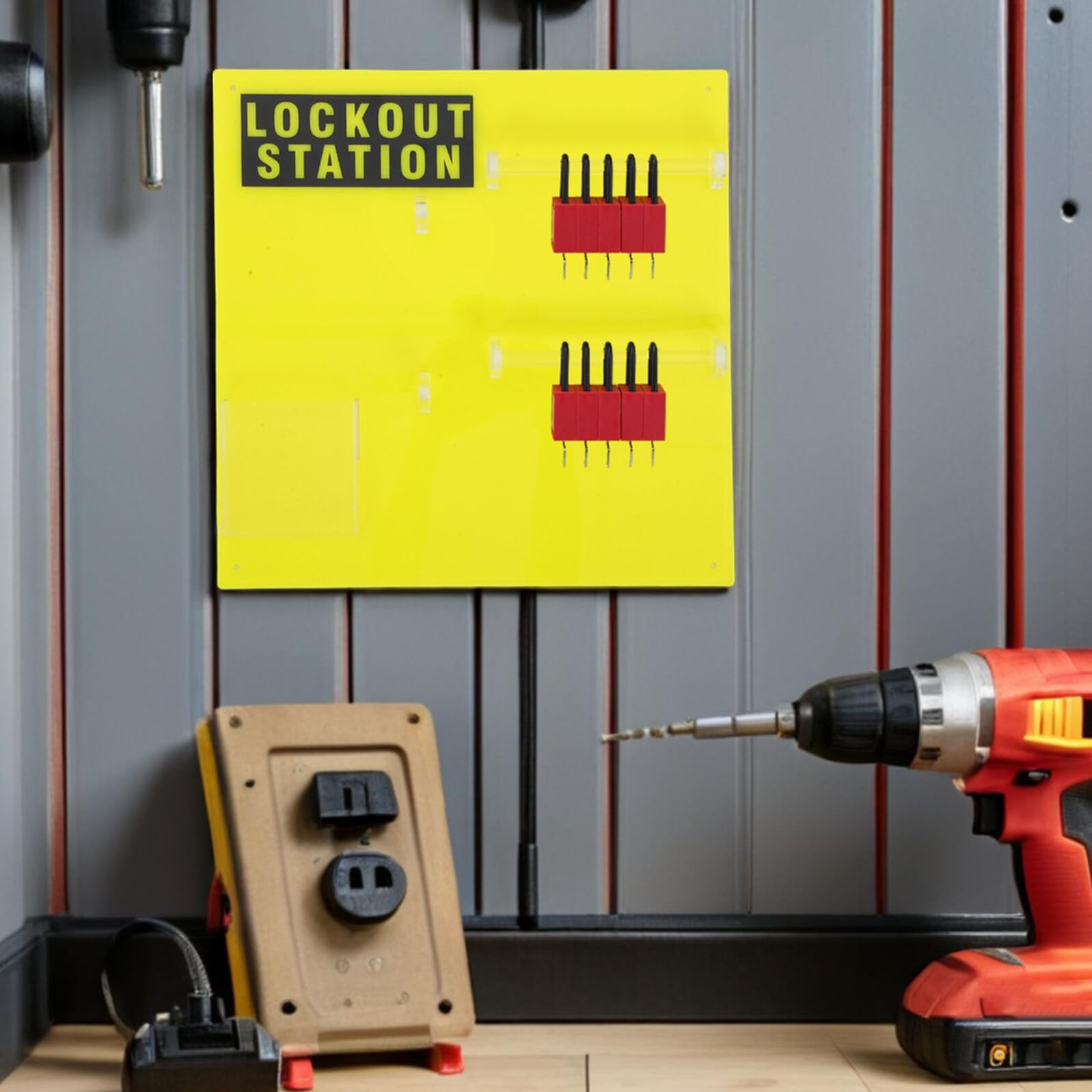 Estación de Bloqueo de Pared para Kit de Seguridad Industrial | Plástico Amarillo, Construcción Firme y Acabado Moderno, Organización Doméstica Tablero de Almacenamiento