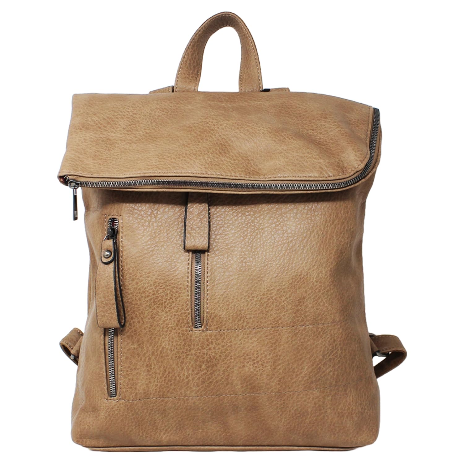 Submeha Unisex Mud Colour Leather Fold-Over Anti-Theft Backpack, Multiple Colours, Zippered Pockets (Mud Colour)