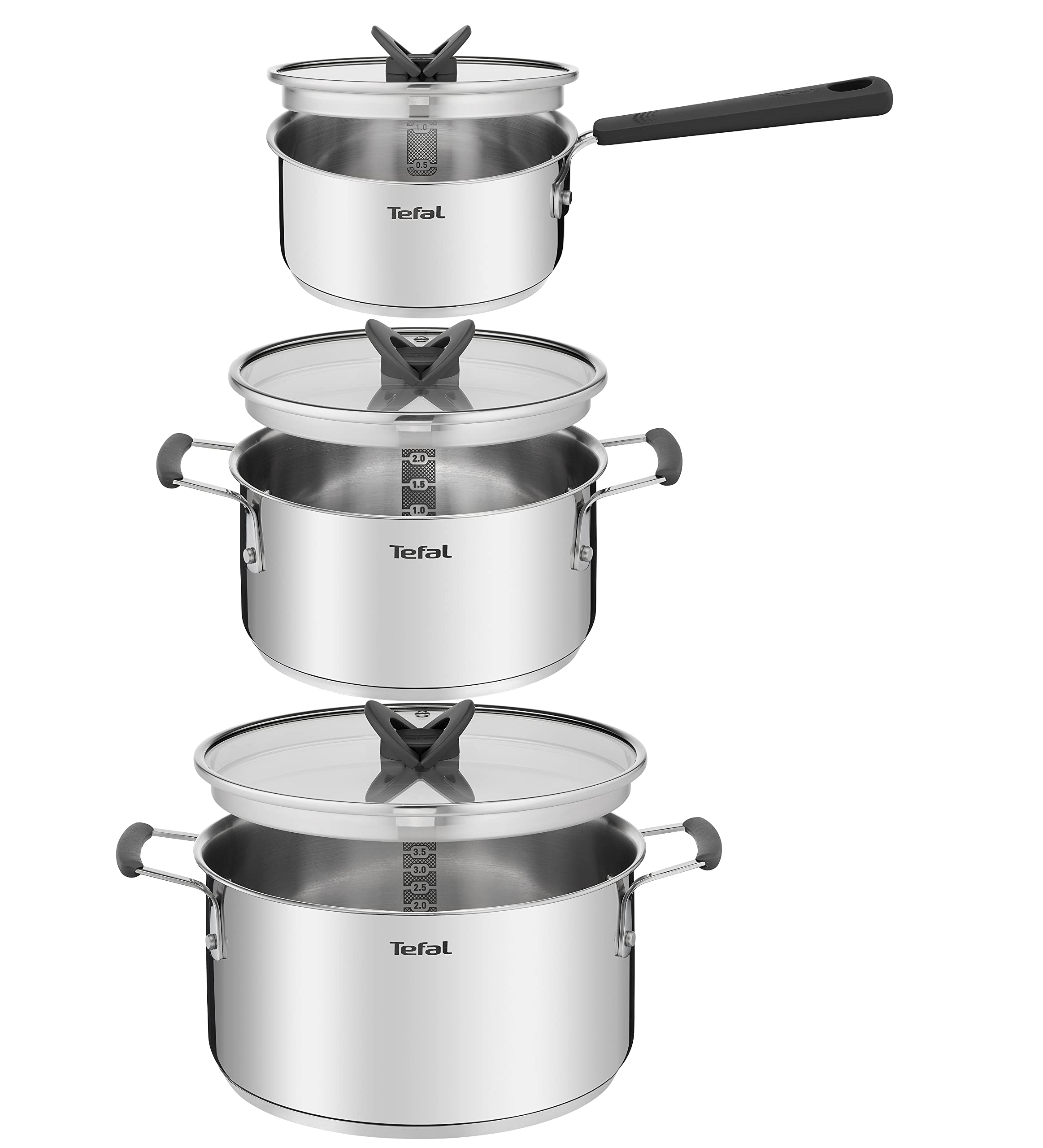 Tefal G7376S Opti'Space Topfset 6-teilig | Stielkasserolle 16 cm (inkl. Deckel) | Kochtöpfe 20/24 cm (inkl. Deckel) | Edelstahl | Thermo-Fusion-Boden | für alle Herdarten | Induktion | Grau