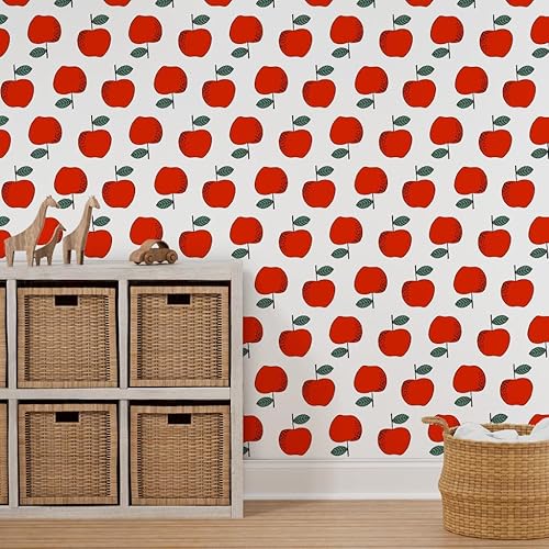 Miniatura 7 de Spoonflower Papel tapiz autoadhesivo de 12 x 2 pies  Manzanas rojas para niños, frutas dulces y frutas, linda comida, blanco, verano, otoño,