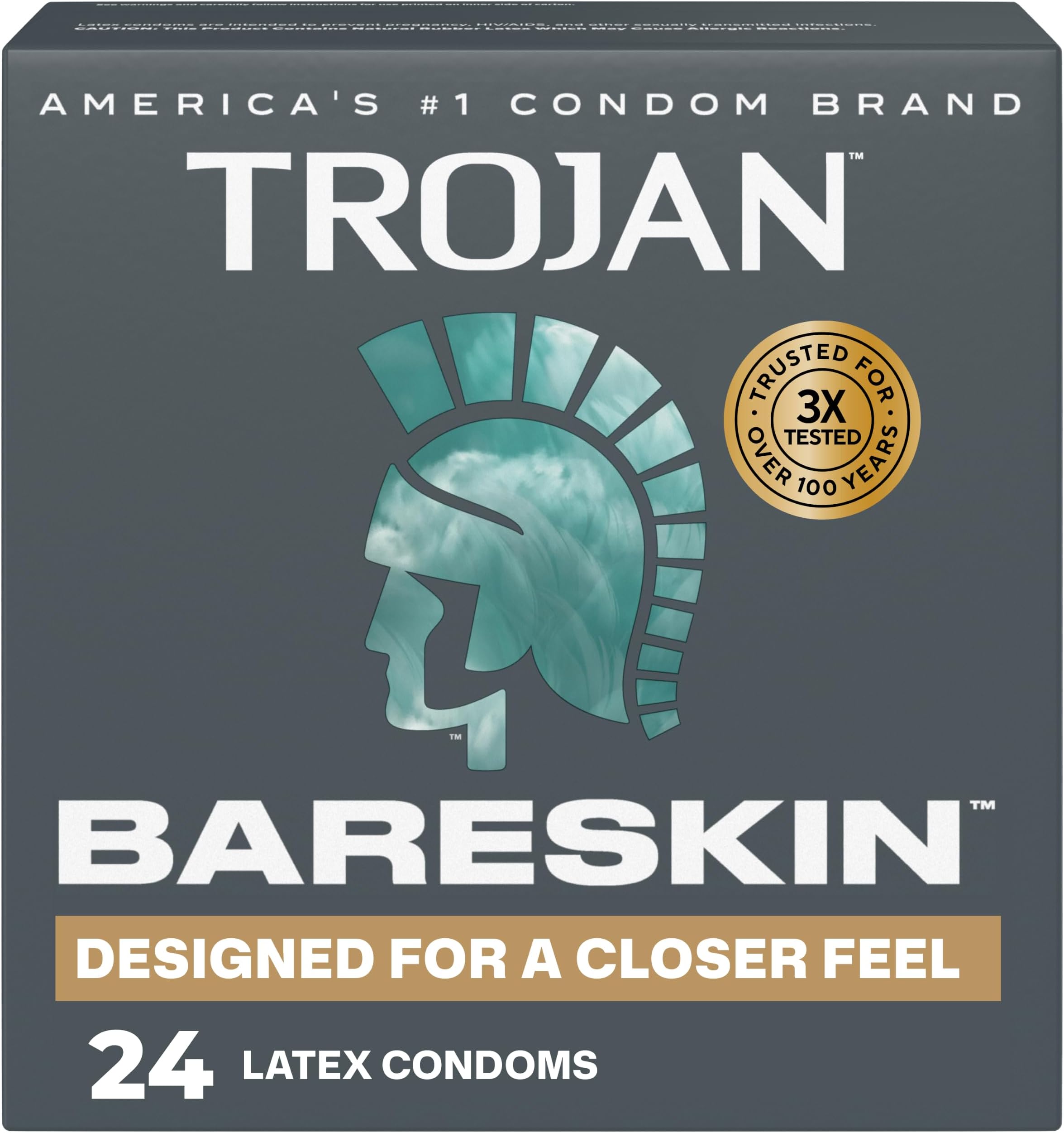 Trojan Bareskin Latex Lubricated Thin Condoms for Men, Designed For a Closer Feel, Made from Premium Latex to Help Reduce Risk of Pregnancy and Sexually Transmitted Infections (STIs), 24 Count