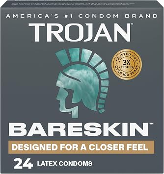 Trojan Bareskin Latex Lubricated Thin Condoms for Men, Designed For a Closer Feel, Made from Premium Latex to Help Reduce Risk of Pregnancy and Sexually Transmitted Infections (STIs), 24 Count