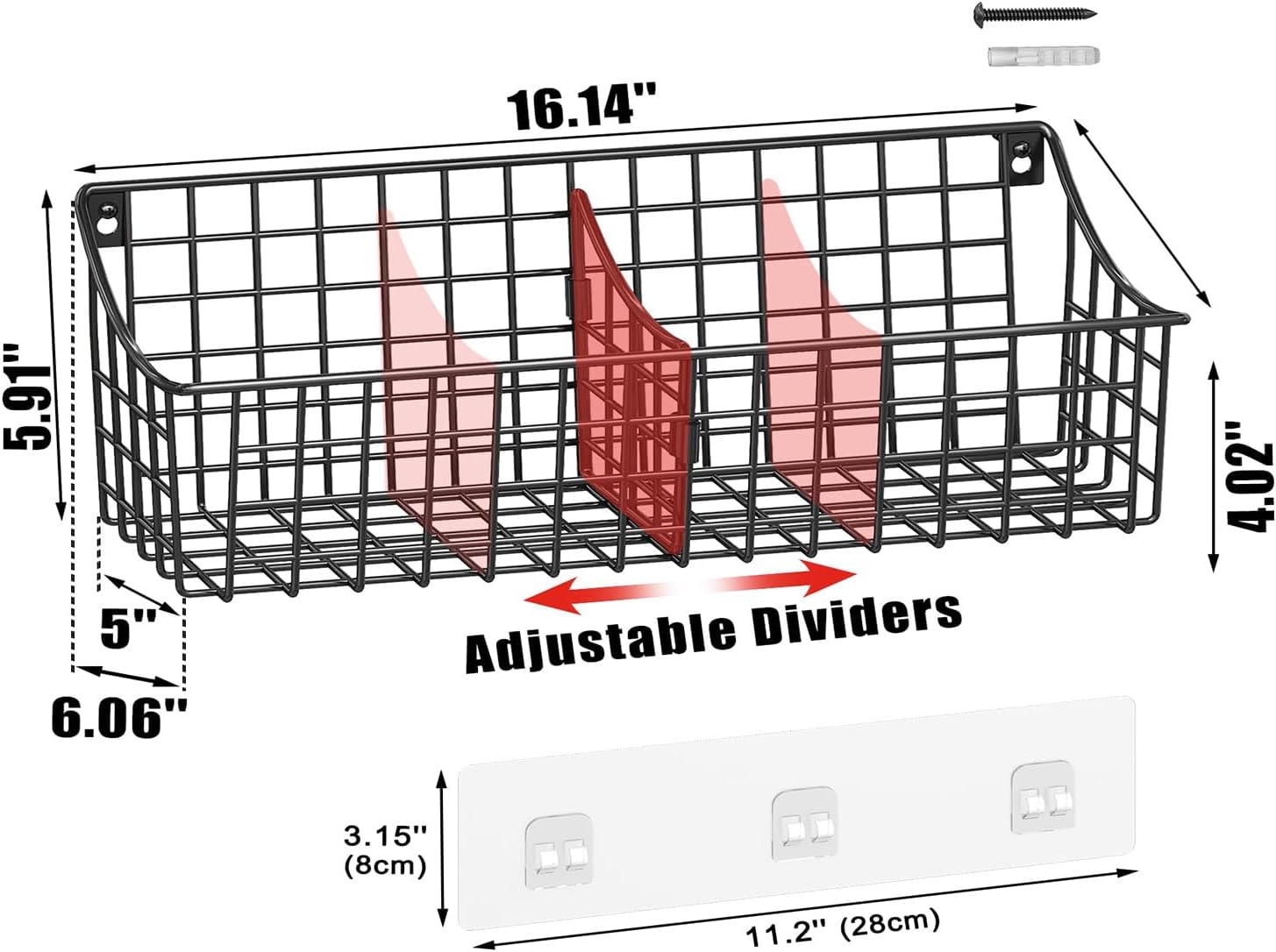 4 Pack EXTRA LARGE Hanging Wall Mount Storage Baskets With Divider, Metal Wire Basket With 4 Strong Adhesive Hooks +5 S Hooks,Organizing Wall Shelf for Home Kitchen Bathroom Pantry Garage RV, Black - Image 3
