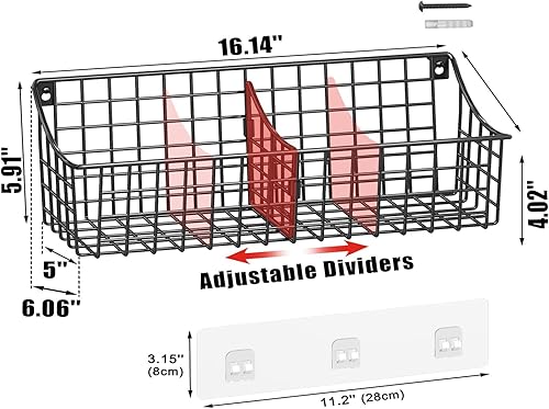 Miniatura 3 de Paquete de 4 cestas de almacenamiento colgantes extragrandes con divisor, cesta de alambre de metal con 4 ganchos adhesivos fuertes + 5 ganchos en