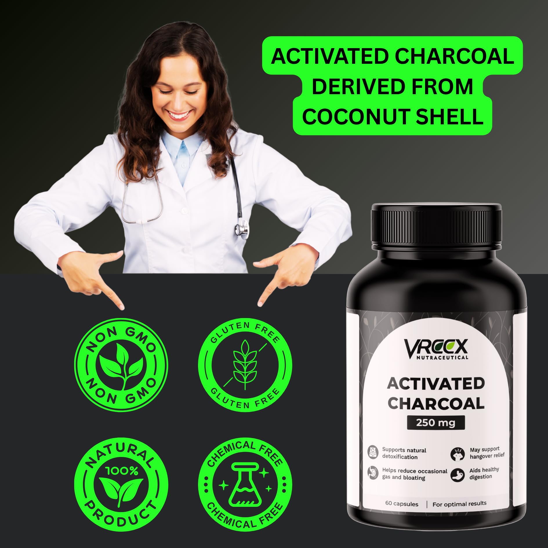 VREEX Activated Charcoal 250 mg – Supports Natural Detox, Helps Reduce Gas & Bloating and Digestive Cleanse (60 Veg Capsules) 4