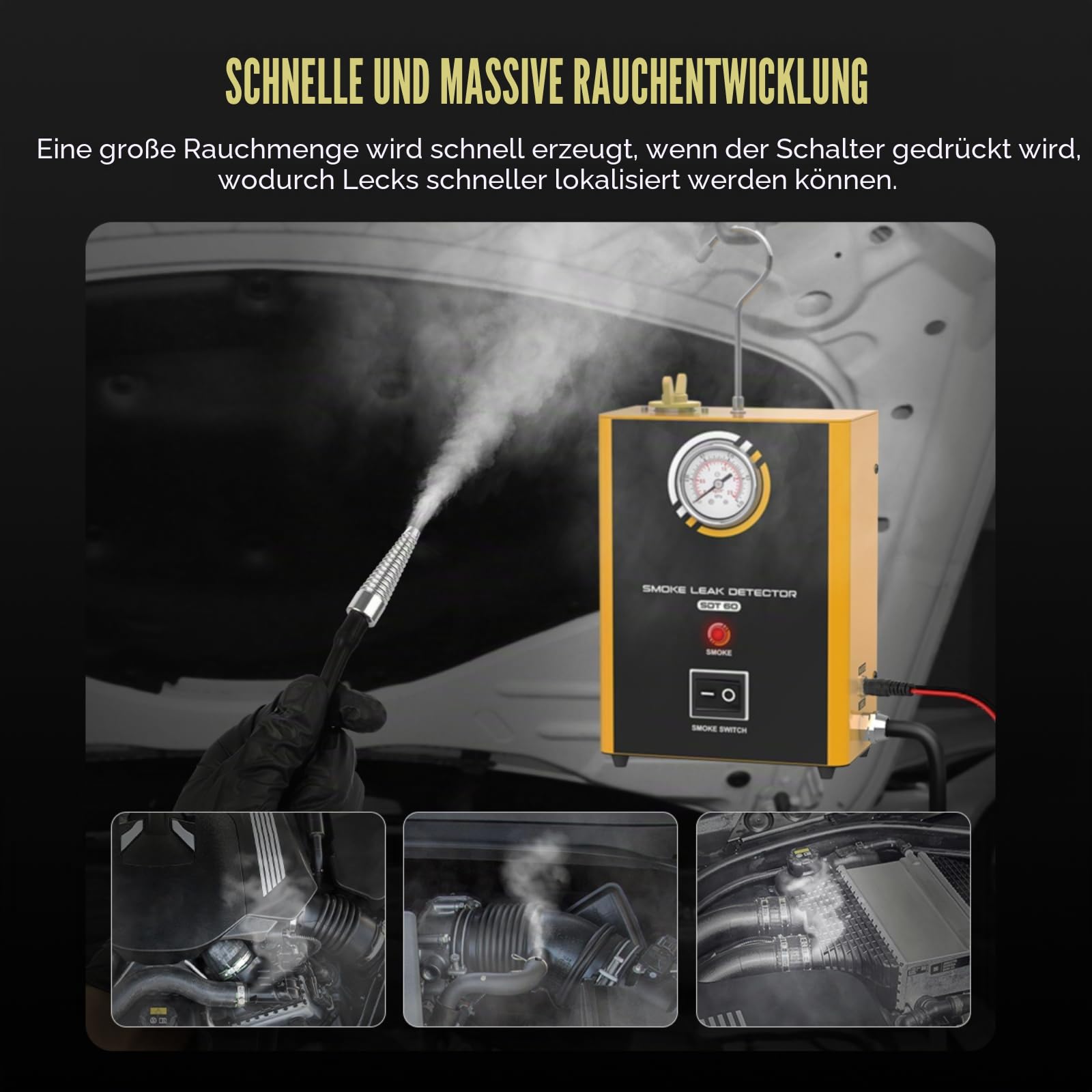 SDT60 Rauchleckdetektor | 12V Auto Rauchmaschine mit Integrierter Luftpumpe & Manometer | Tragbar 1,6kg EVAP Lecktester für PKW, Motorrad, LKW | Leckagesuche Ansaug- & Turboladersystem