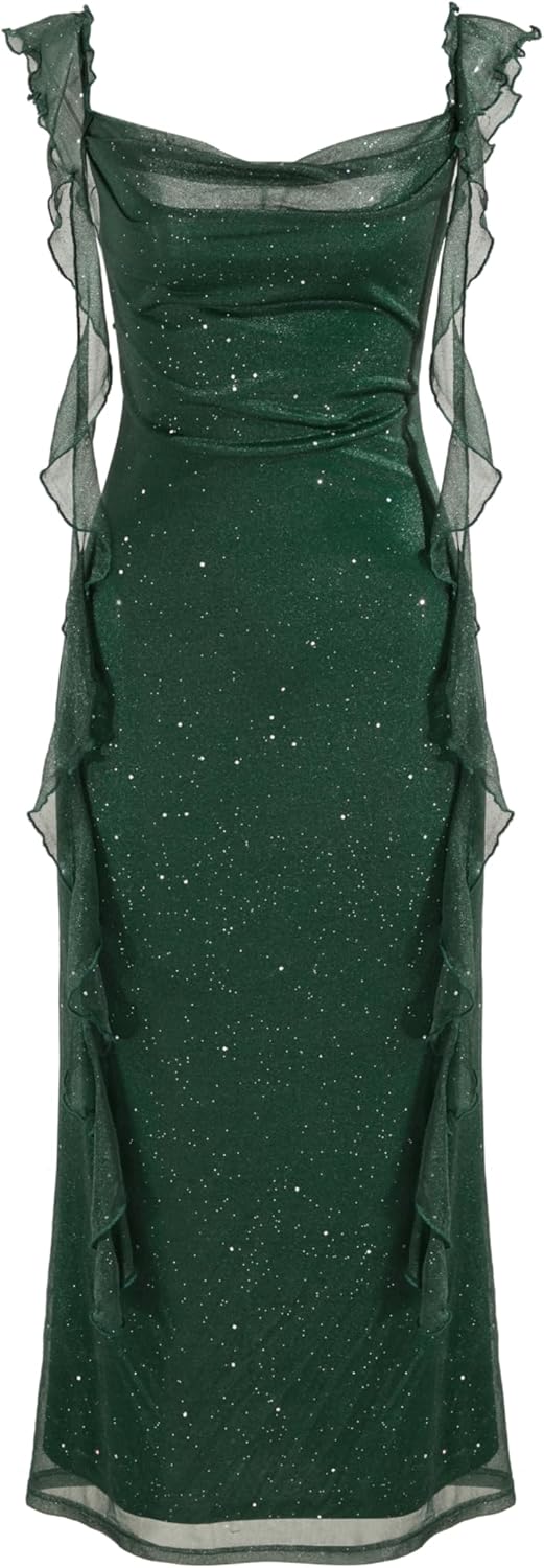 CIDER Summer Maxi Dress Wedding Guest Cowl Neck Glitter Ruffle Hem Bodycon Party Slim Formal Sleeveless Dress