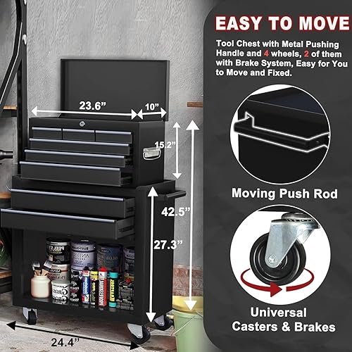 Miniatura 2 de Cofre de herramientas con ruedas y caja de herramientas superior desmontable, organizador de almacenamiento de herramientas resistente para garaje,