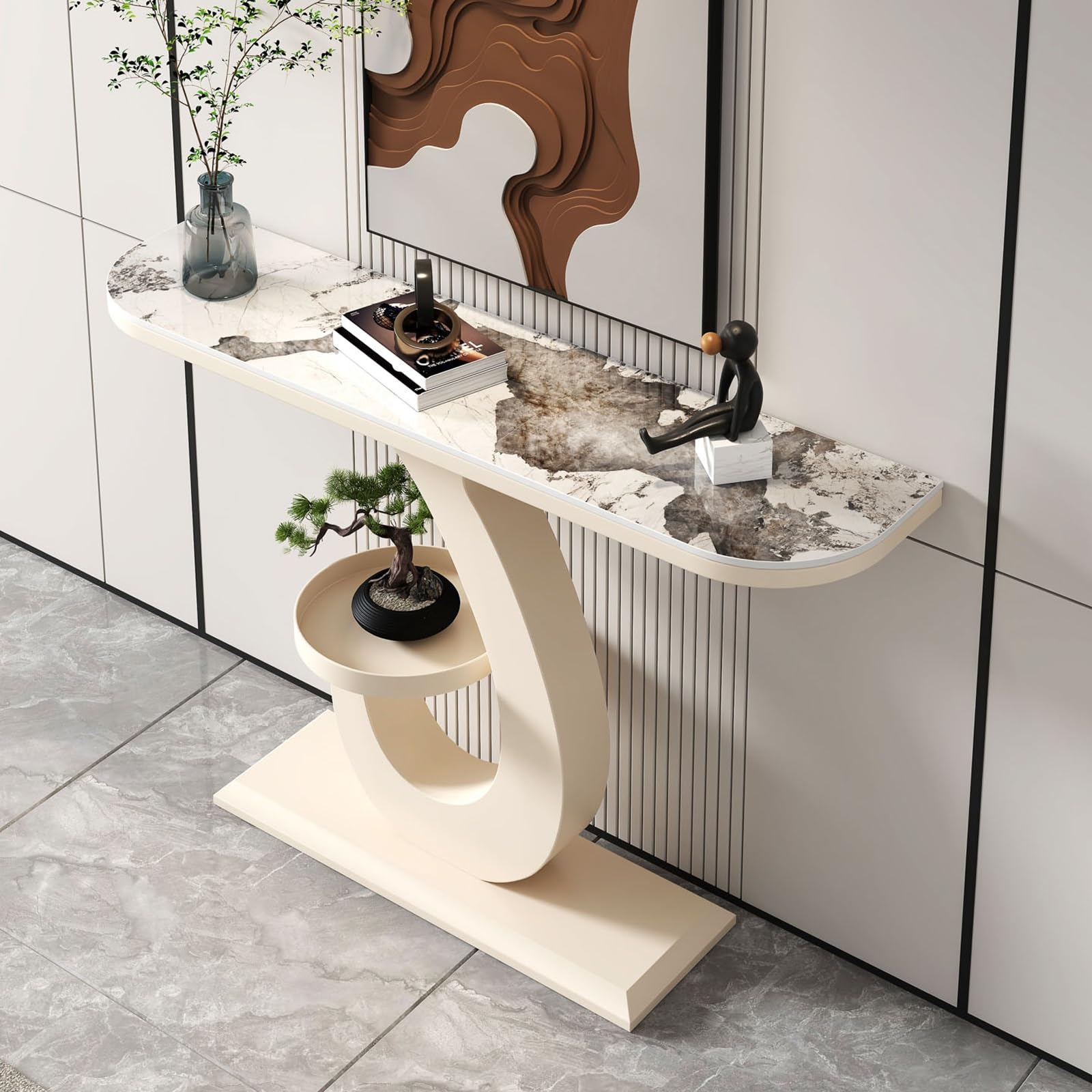 Consolle Moderna E Stretta con Struttura in Metallo Sagomato, Tavolo Consolle Ingresso Ideale per Corridoi E Ingressi in Stile Industriale(White,120cm/47.2in)